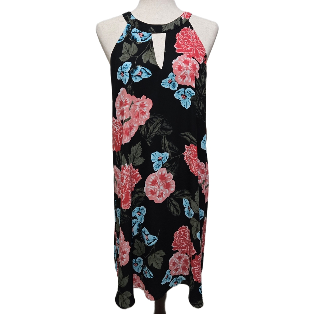 ​CeCe Floral Memoir Black Halter Dress Pink Blue Keyhole Shift Size Medium